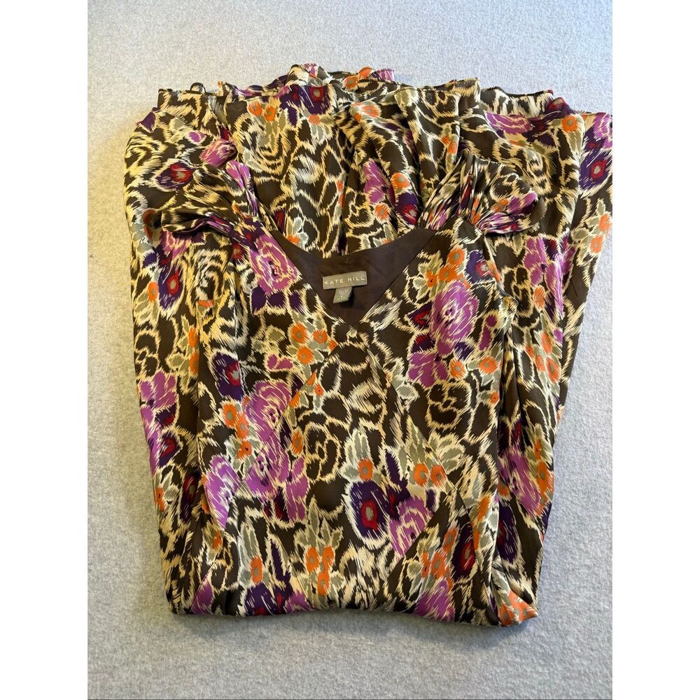 Boho Vintage Kate Hill 90’s Earth tone abstract floral print silk dress 6